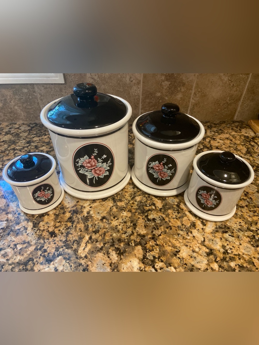 4-Piece Ceramic Kitchen Canister Set Floral Black White with Lids